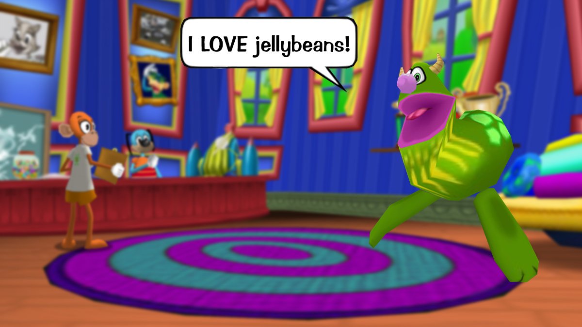 Fluffy saying "I LOVE jellybeans!" during April Toons Week.