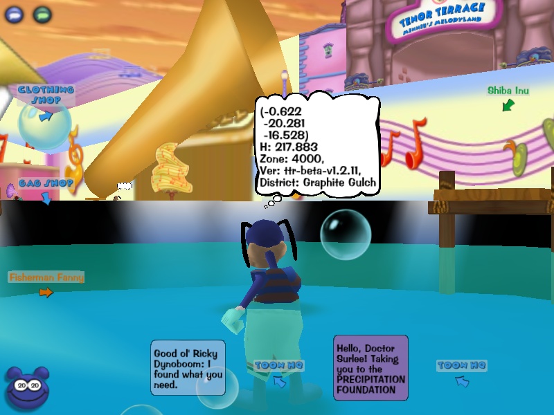 A Toon teleporting from Minnie's Melodyland at coordinates 0, -20, by saying the SpeedChat phrase "I found what you need."