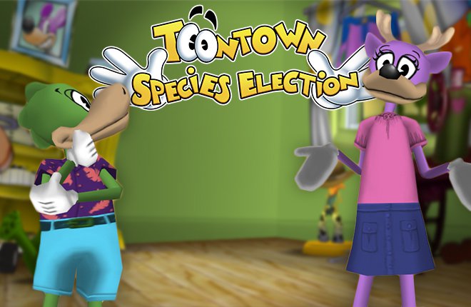 Deer and crocodile teased with new Toontown Species Election logo.