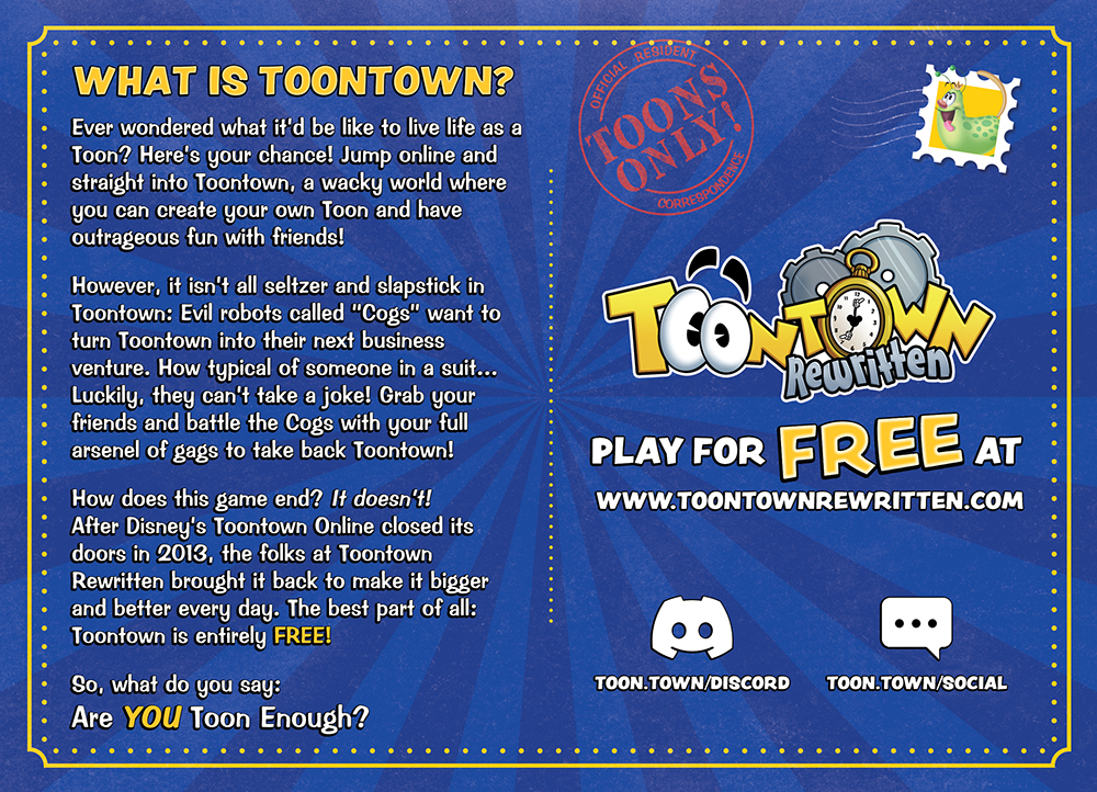 Back cover of the postcard from ToonFest: The Great Fanfair.