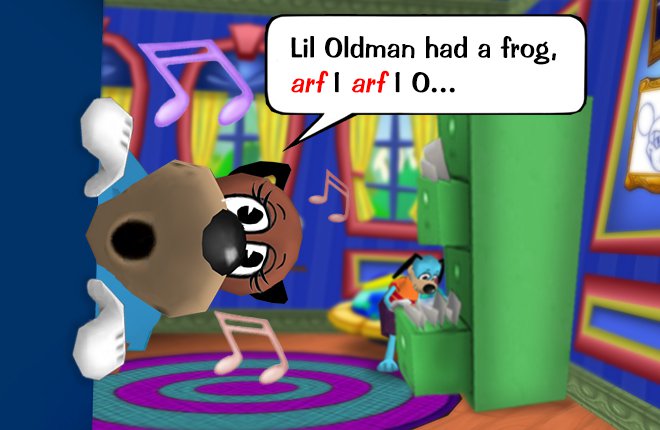 Hedy sings 'Lil Oldman had a frog, arf I arf I O...' with Flippy in the background.