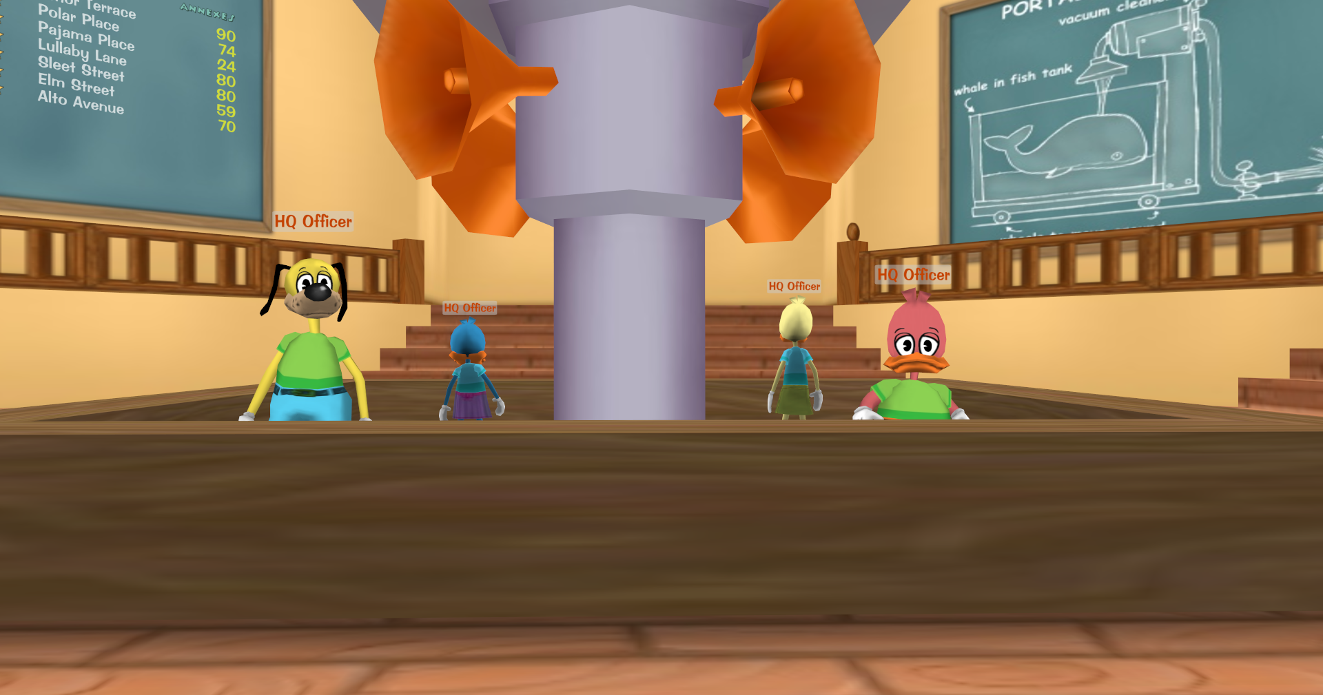 HQ Officers inside Toon Headquarters in Toontown Central (front door).