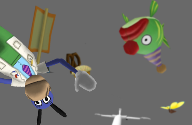Professor Prepostera floating in the Grey with a street sign, a butterfly, a Clown Fish, and some kind of T-pose model.