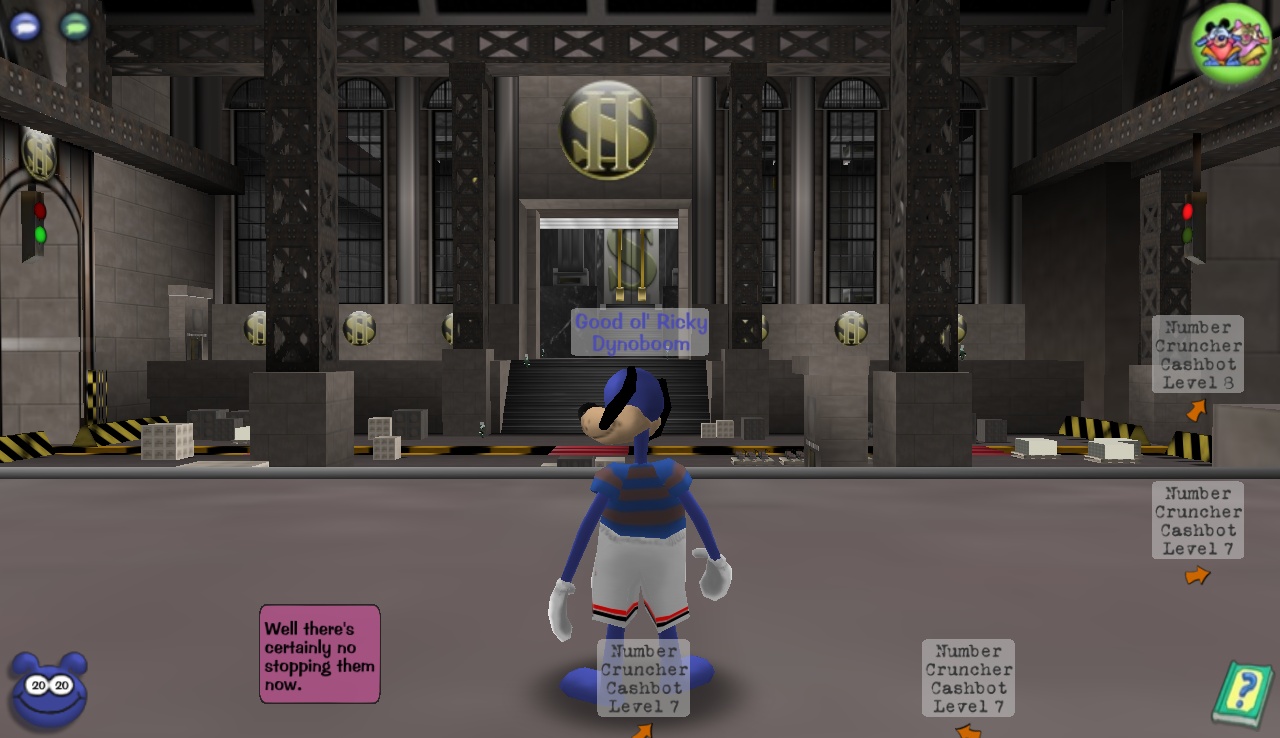 A Toon landing in Cashbot Headquarters.