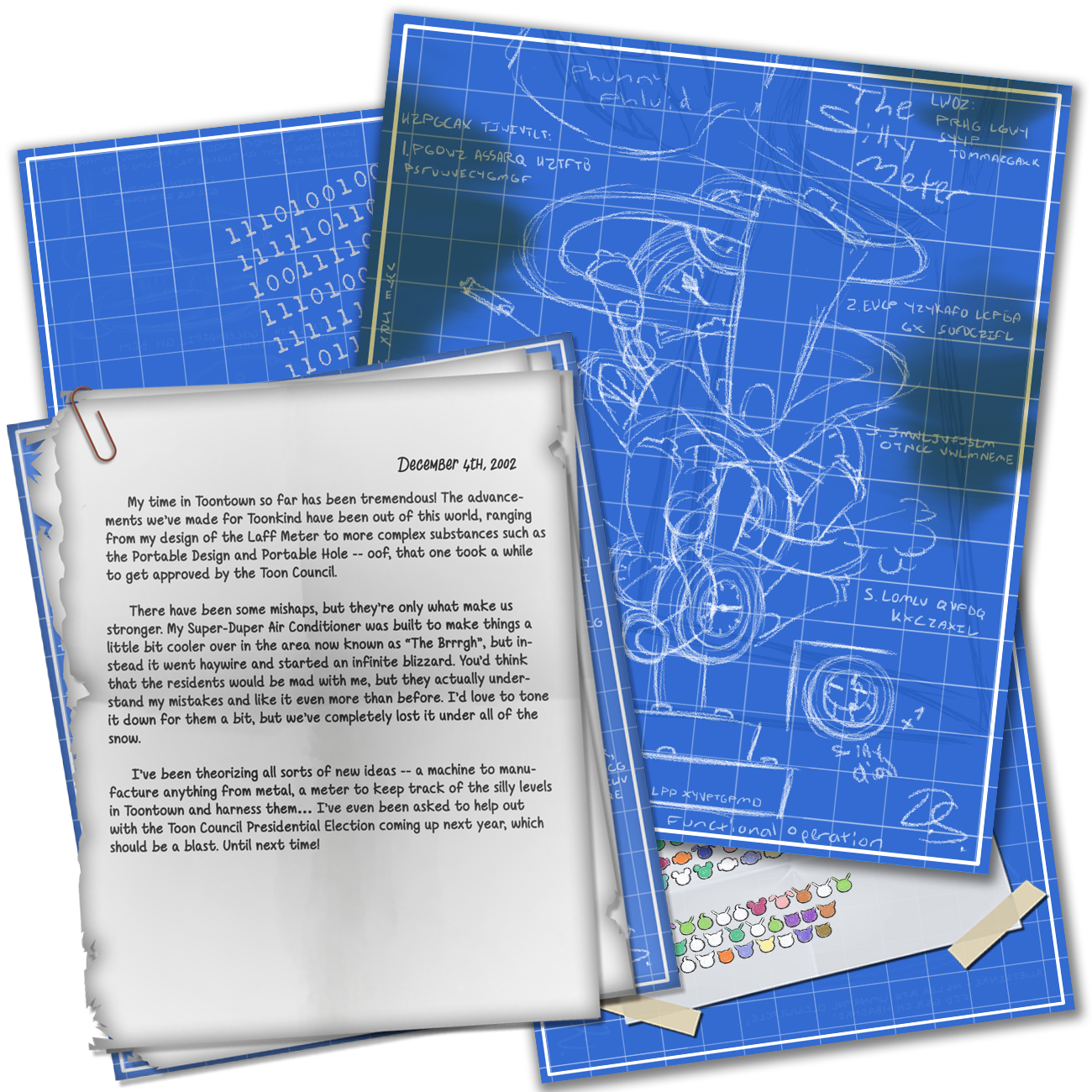 Doctor Surlee's blueprints and papers.
