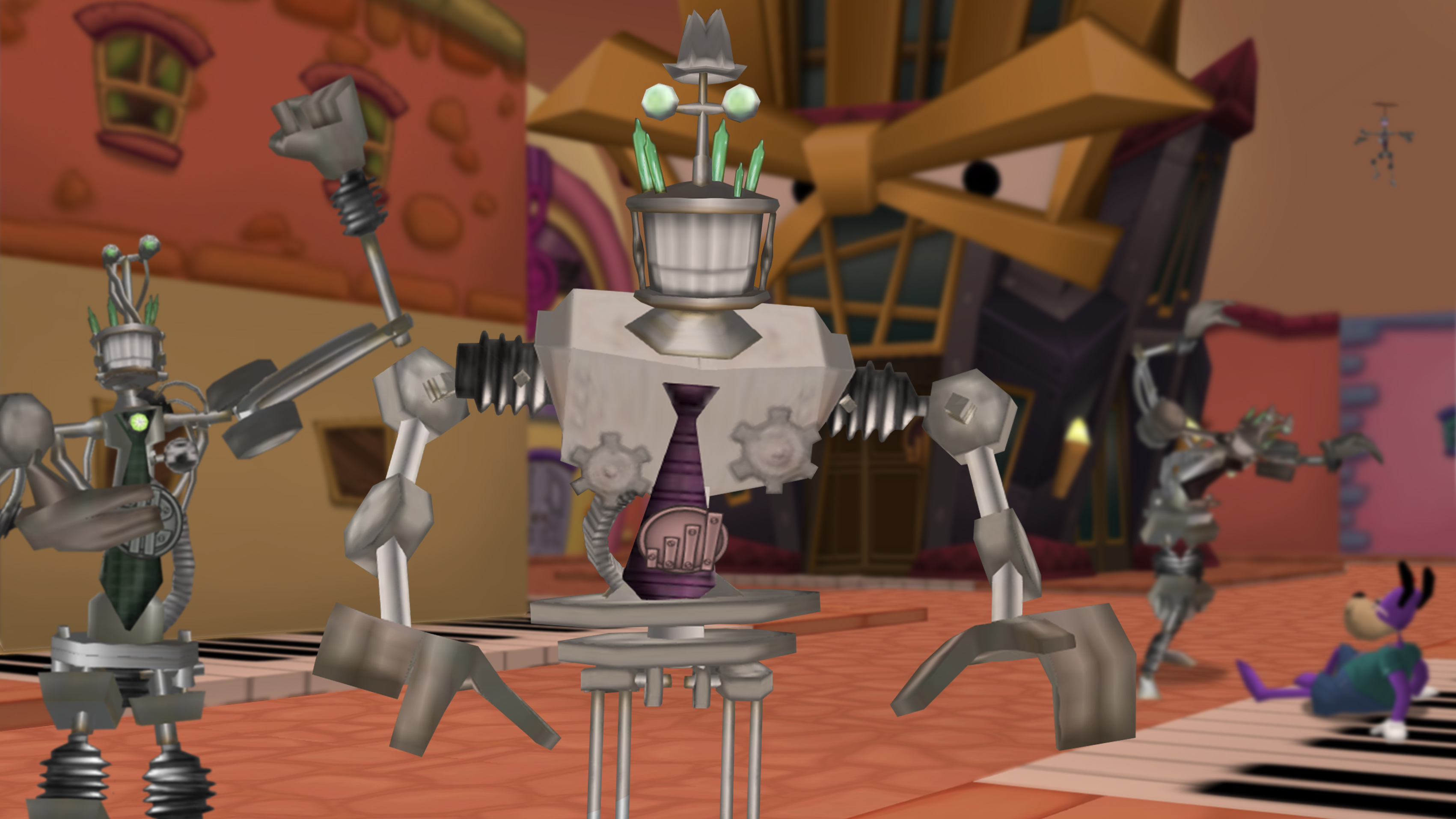 Skelecogs invading a street in Minnie's Melodyland, with a Toon and a Sellbot Field Office in the background.