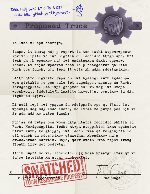 Encrypted truce contract from the Cogs with Ai Spai's writing.