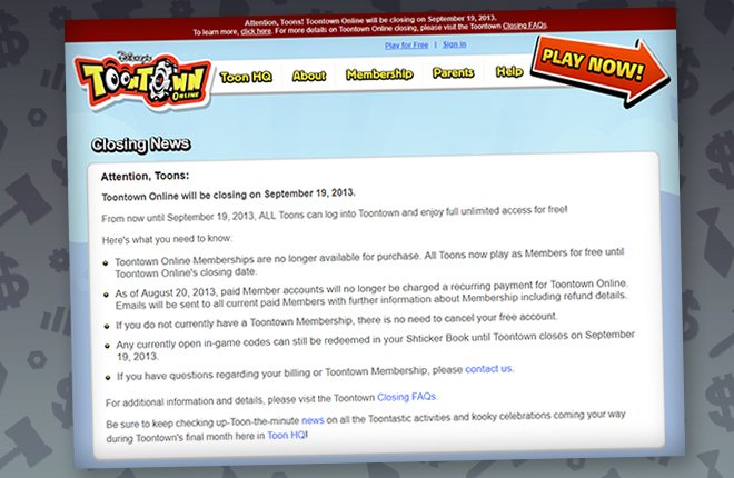 The "Closing News" section of Toontown Online's website.