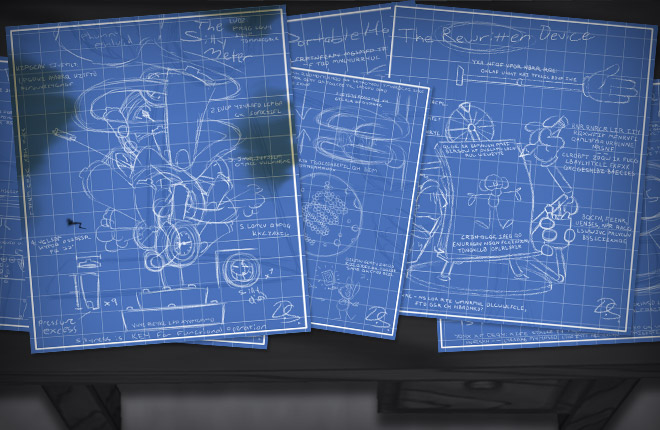 Doctor Surlee's blueprints scattered on Samantha Spade's desk. The Silly Meter and The Rewritten Device are visible.