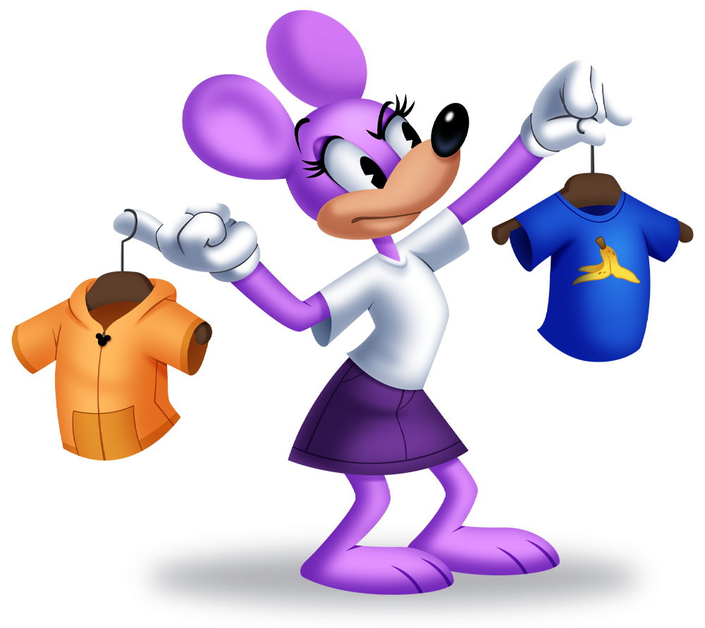 A mouse holding two pieces of clothing.