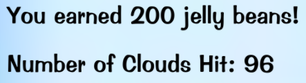 A screenshot showing the 200-jellybean cap when using a party cannon. 96 clouds hit at three jellybeans each should equate to 288 total jellybeans.