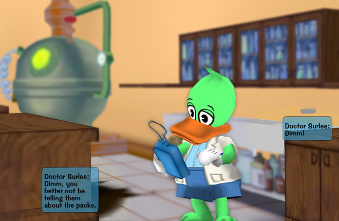 Doctor Dimm advertising a new Toon T.A.G.S. update while being informed by Doctor Surlee not to tell Toons about the Propeller Packs.
