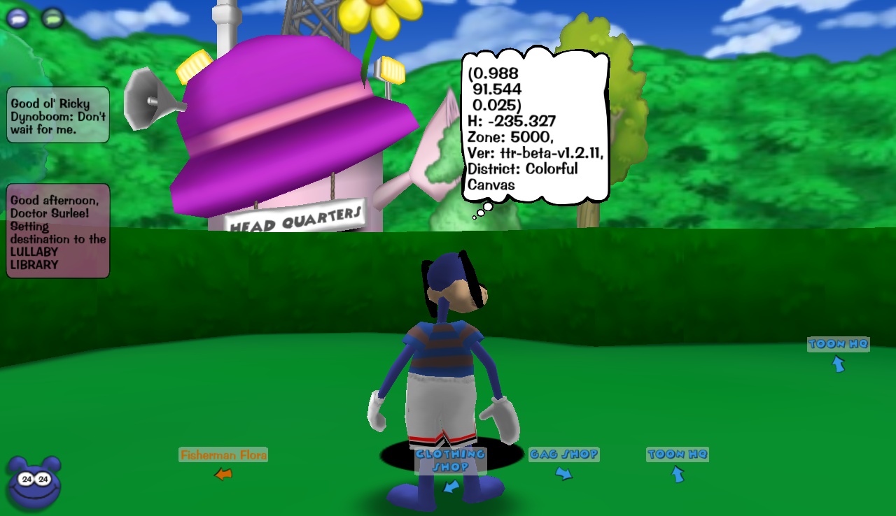 A Toon teleporting from Daisy Gardens at coordinates 1, 91, by saying the SpeedChat phrase "Don't wait for me."