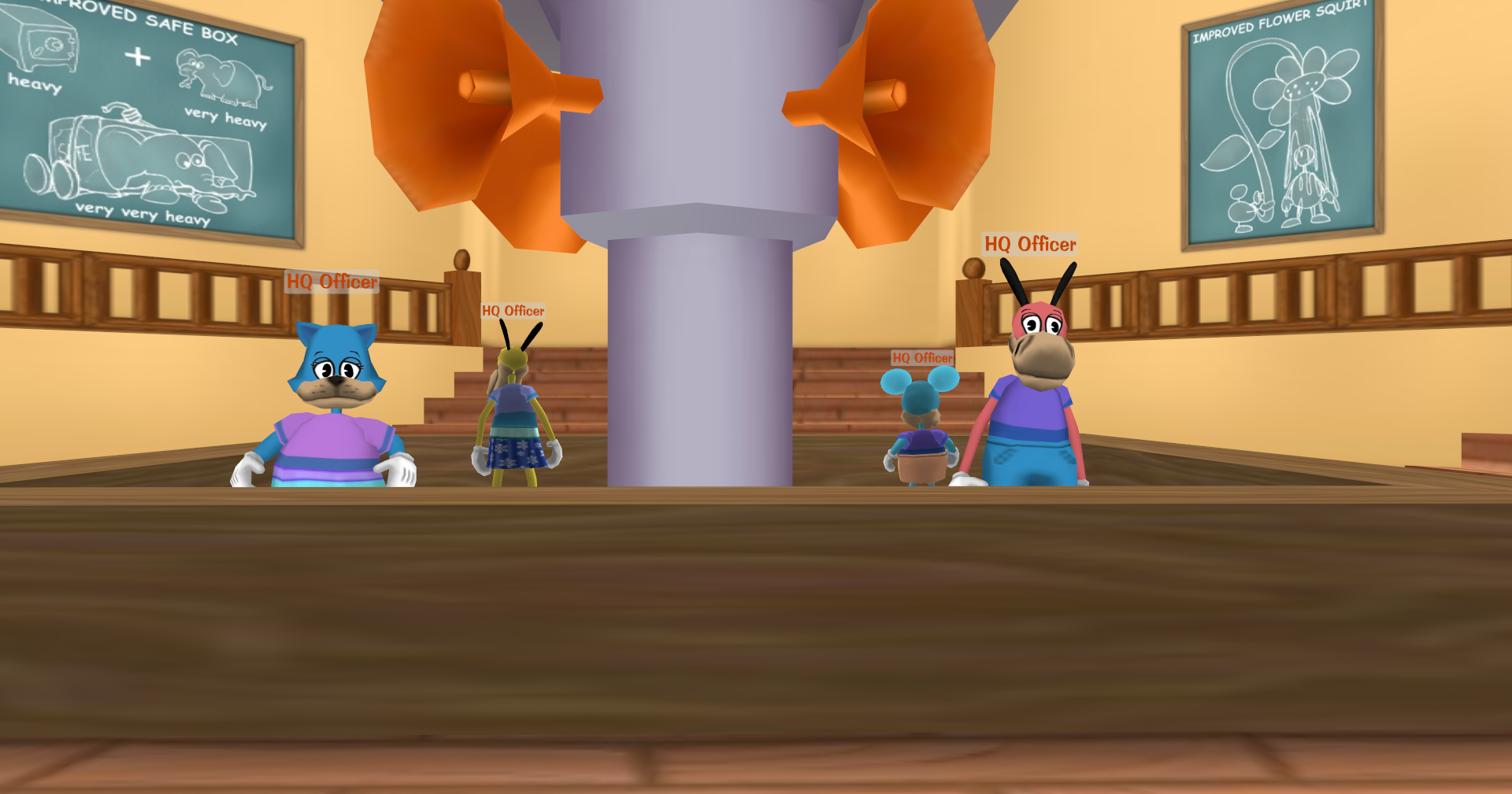 HQ Officers inside Toon Headquarters in Donald's Dock (front door).