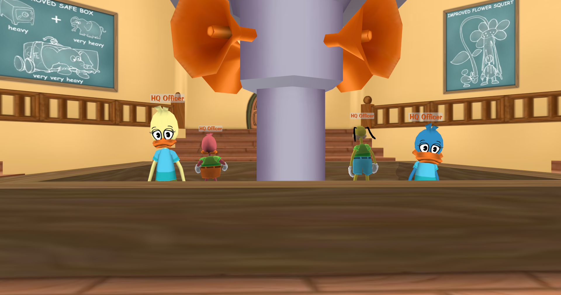 HQ Officers inside Toon Headquarters in Toontown Central (back door).