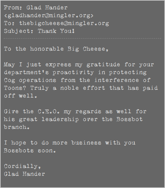 The Big Cheese's Minglermail memo #2