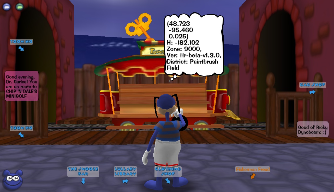 A Toon teleporting from Donald's Dreamland at coordinates 48, -96, by saying the SpeedChat phrase ":)".