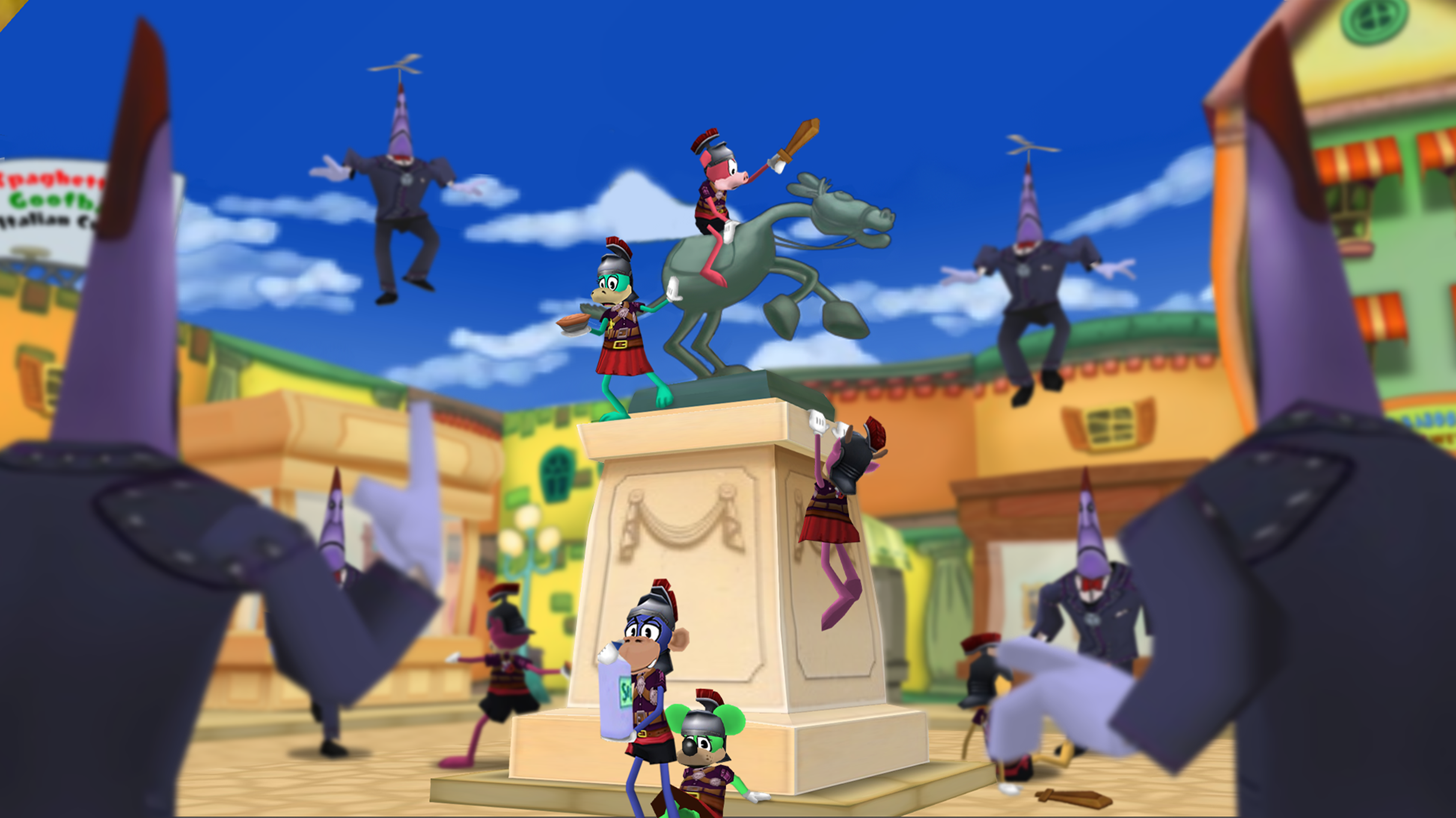 Back Stabbers invading a street in Toontown Central, with several Toons defending.