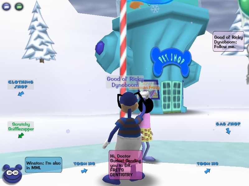 A Toon teleporting from The Brrrgh at coordinates -111, -41, by saying the SpeedChat phrase "Follow me."