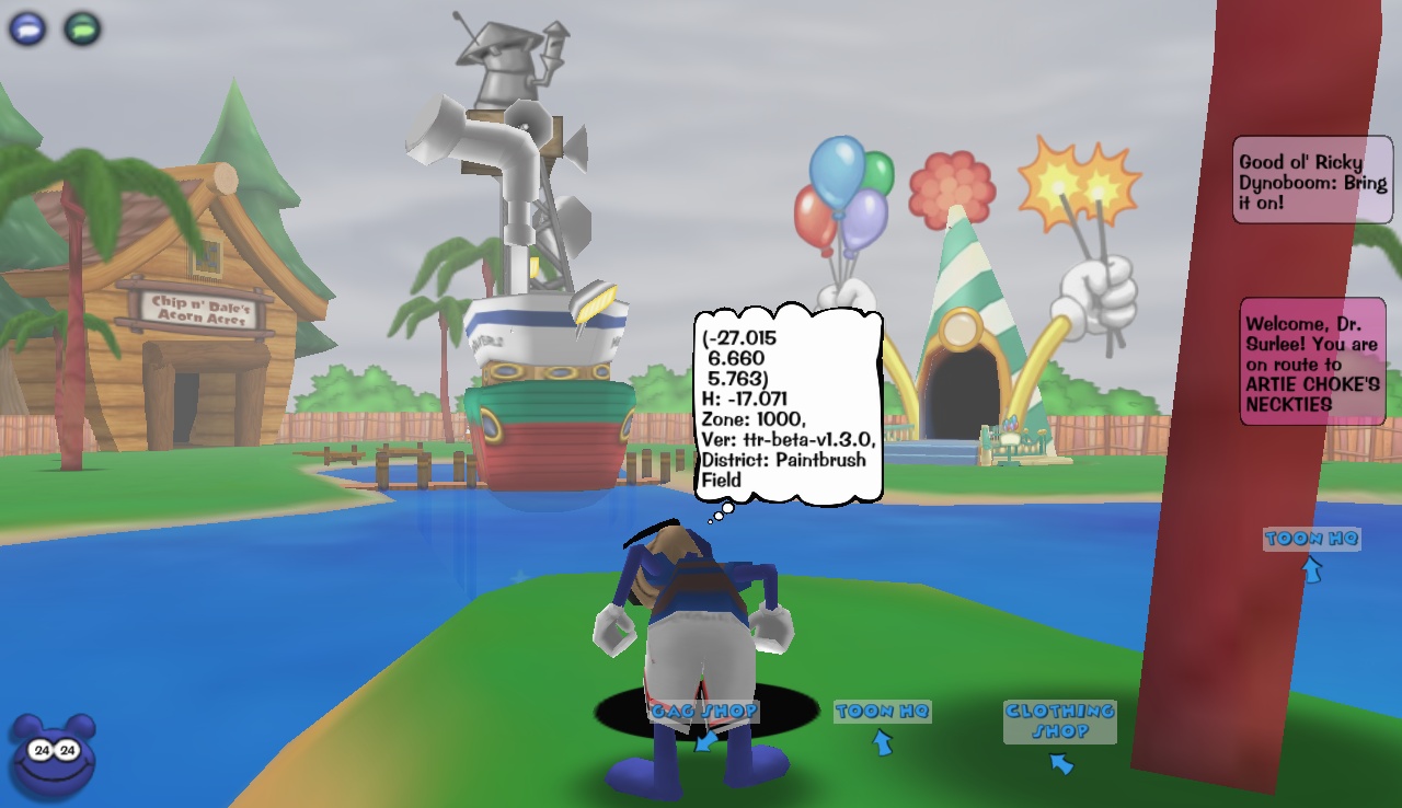 A Toon teleporting from Donald's Dock at coordinates -23, 5, by saying the SpeedChat phrase "Bring it on!"