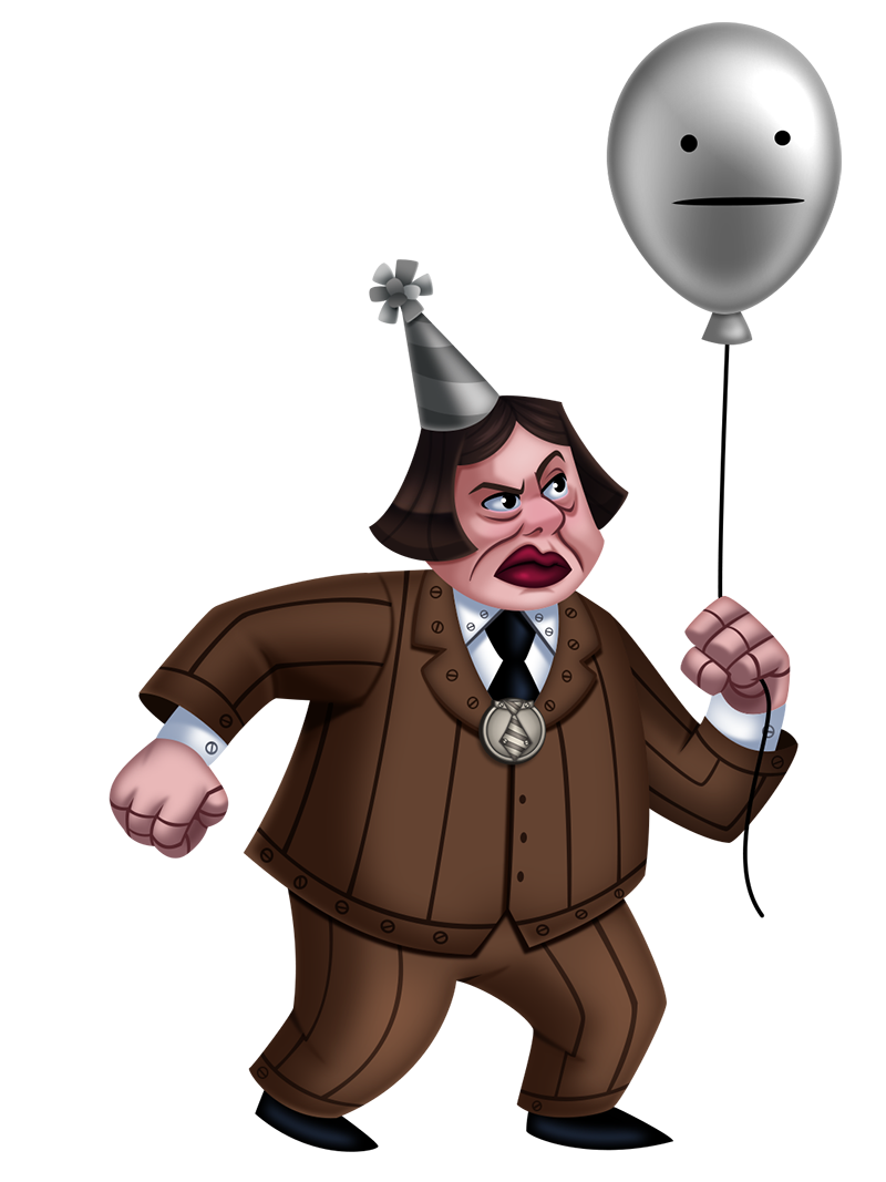 A Micromanager holding a grey balloon.