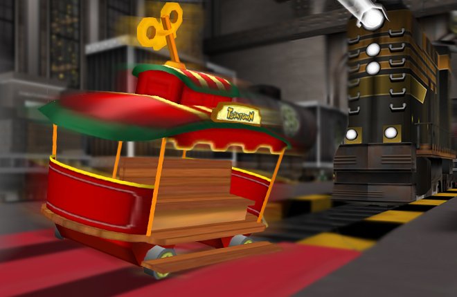 The Trolley traveling across Cashbot Headquarters.