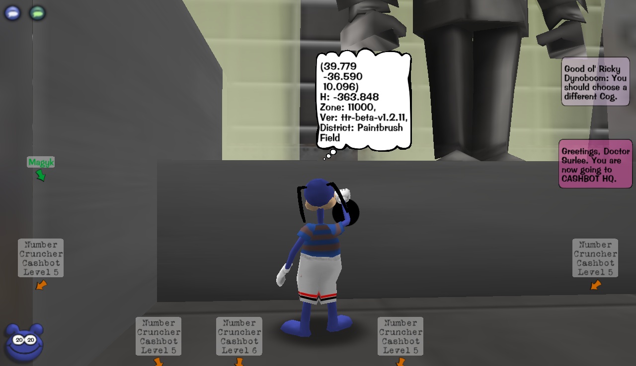A Toon teleporting from Sellbot Headquarters at coordinates 39, -37, by saying the SpeedChat phrase "You should choose a different Cog."