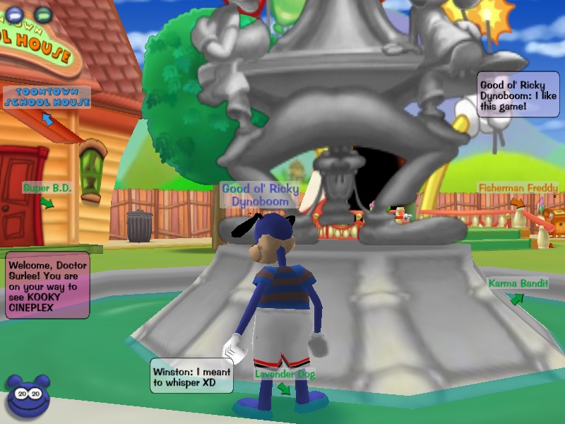 A Toon teleporting from Toontown Central at coordinates 93, -106, by saying the SpeedChat phrase "I don't like this game."