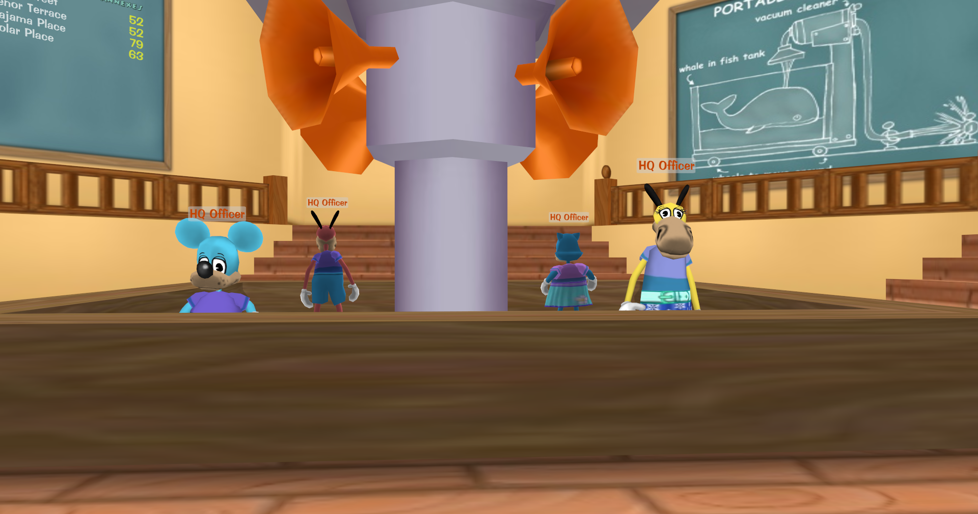 HQ Officers inside Toon Headquarters in Donald's Dock (back door).