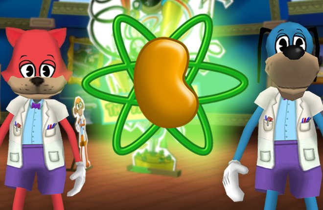 A glowing Silly Particle sits between Doctor Fissionton and Doctor Fissionton.
