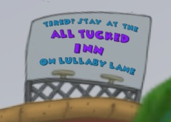 The All Tucked Inn advertisement on Barnacle Boulevard in Donald's Dock