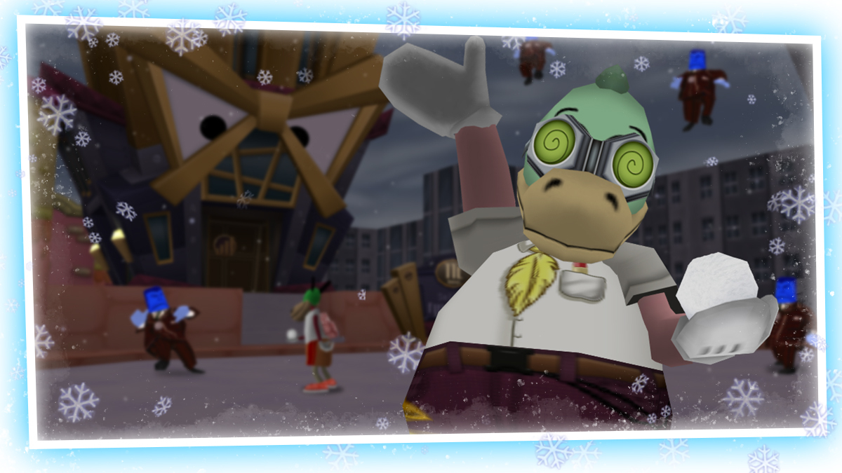 Doctor Googlymoogly stands outside of a Sellbot Field Office during the Winter Cold Caller Mega-Invasion.