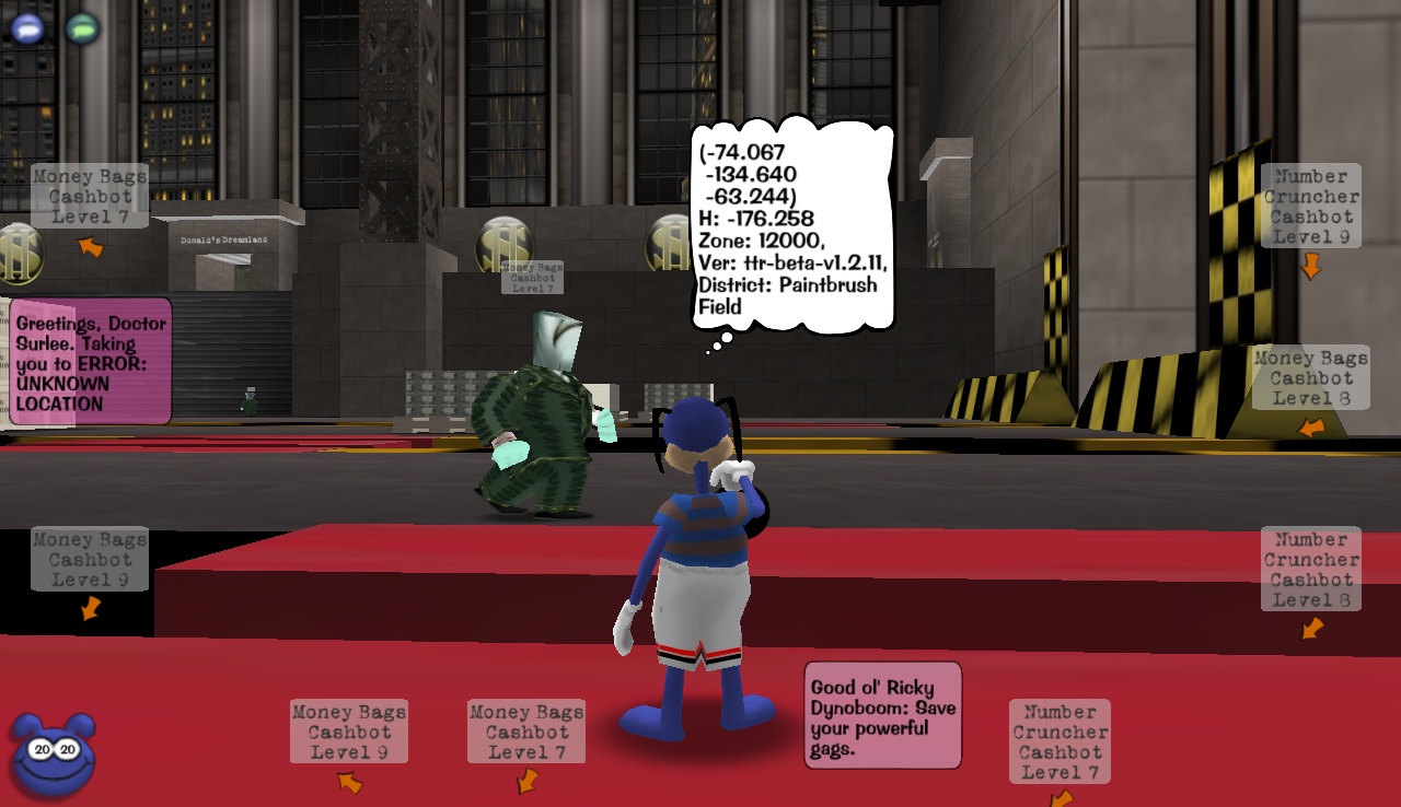 A Toon teleporting from Cashbot Headquarters at coordinates -78, -134, by saying the SpeedChat phrase "Save your powerful gags".