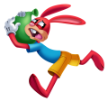 A rabbit carrying a water balloon.