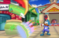 Slappy's jellybean stand with a slip of green goo and an "unbirthday cake" flying towards McQuack.