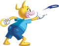A pig tossing a blue ring.