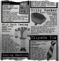 A "Cogalogue" showing the External Sensor, v2.0 Suit Casing, Adding Machine, Silly Sucker, and Clip-On Tie.[14]