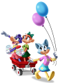 A crocodile and a monkey on a wagon pulled by a cat holding pink and blue balloons.