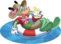 A horse relaxing on a floatie.