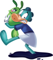 A crocodile stepping on oil while holding their green doodle.