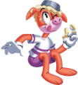 A pig with pie on their head.