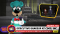 Terry Prompter in front of Sellbot Headquarters reporting about Cogs, Incorporated's management shakeup.