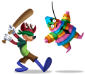 A deer using a bat on a pinata.