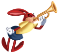 A rabbit using a Bugle.